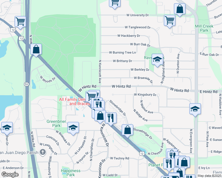 map of restaurants, bars, coffee shops, grocery stores, and more near 744 West Kingsbury Drive in Arlington Heights