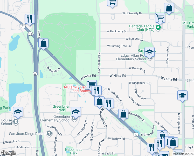 map of restaurants, bars, coffee shops, grocery stores, and more near 2704 North Kennicott Avenue in Arlington Heights