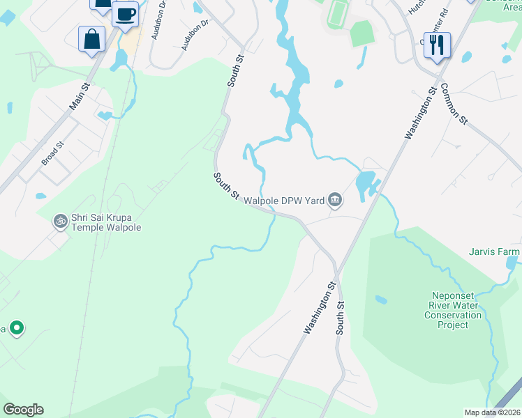 map of restaurants, bars, coffee shops, grocery stores, and more near South Street in Walpole