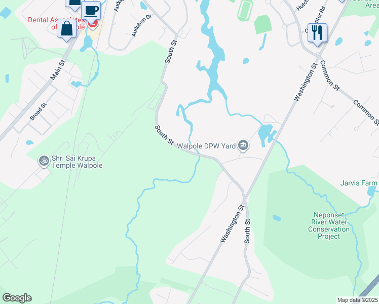 map of restaurants, bars, coffee shops, grocery stores, and more near South Street in Walpole