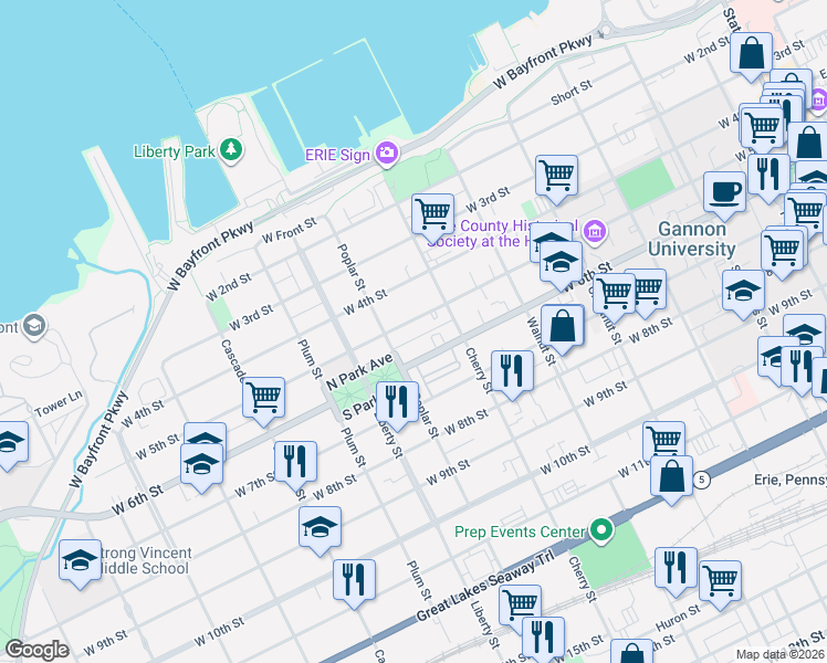 map of restaurants, bars, coffee shops, grocery stores, and more near 632 34 W 6 Street in Erie