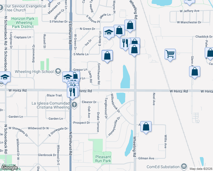 map of restaurants, bars, coffee shops, grocery stores, and more near 532 West Hintz Road in Wheeling