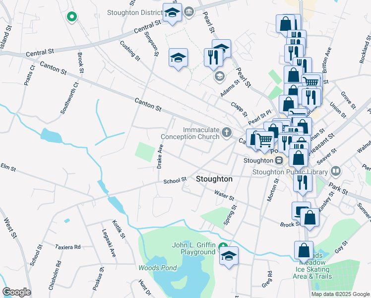 map of restaurants, bars, coffee shops, grocery stores, and more near 100 French Street in Stoughton