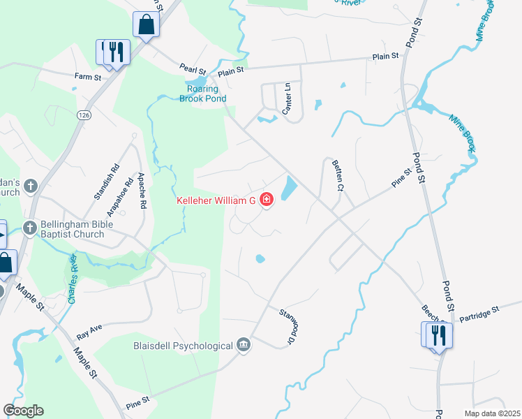 map of restaurants, bars, coffee shops, grocery stores, and more near 25 Hawthorne Village in Franklin