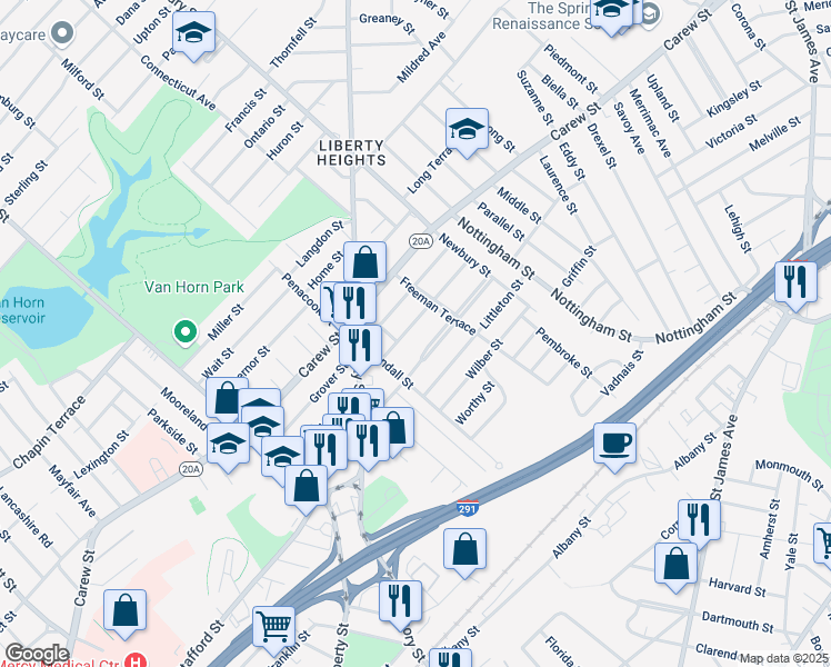 map of restaurants, bars, coffee shops, grocery stores, and more near 98 Phoenix Terrace in Springfield