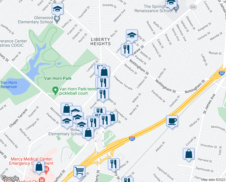 map of restaurants, bars, coffee shops, grocery stores, and more near 22-24 Kendall Street in Springfield