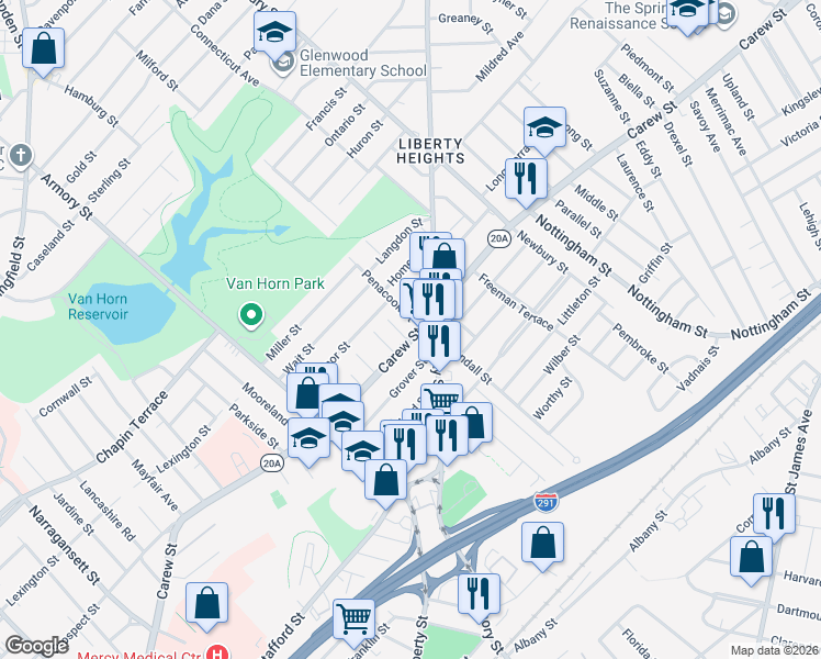 map of restaurants, bars, coffee shops, grocery stores, and more near 739-741 Carew Street in Springfield