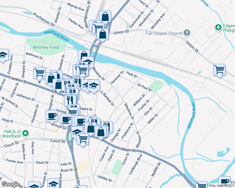 map of restaurants, bars, coffee shops, grocery stores, and more near 2 Lewis Street in Westfield