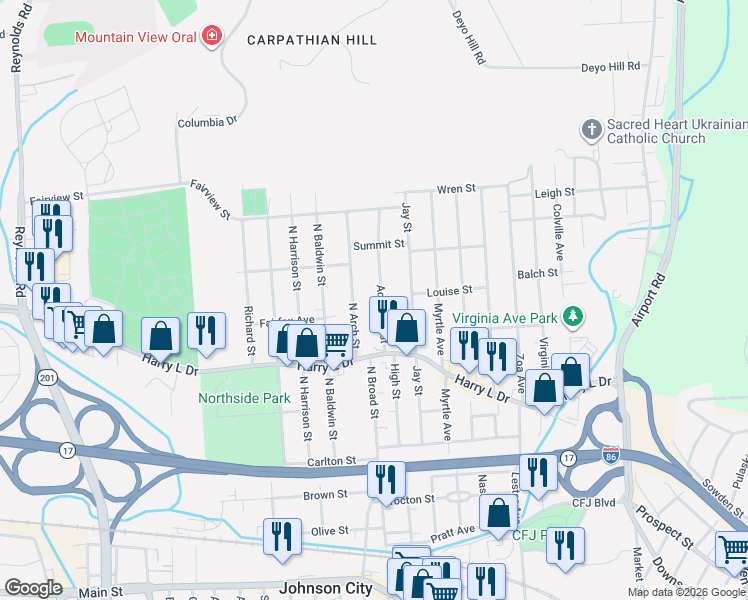 map of restaurants, bars, coffee shops, grocery stores, and more near 41 Academy Street in Johnson City