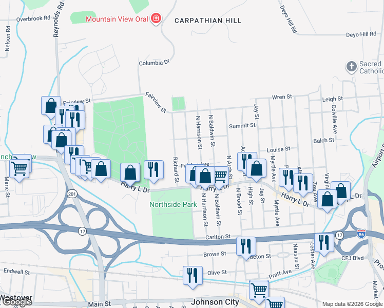 map of restaurants, bars, coffee shops, grocery stores, and more near 147 North Harrison Street in Johnson City