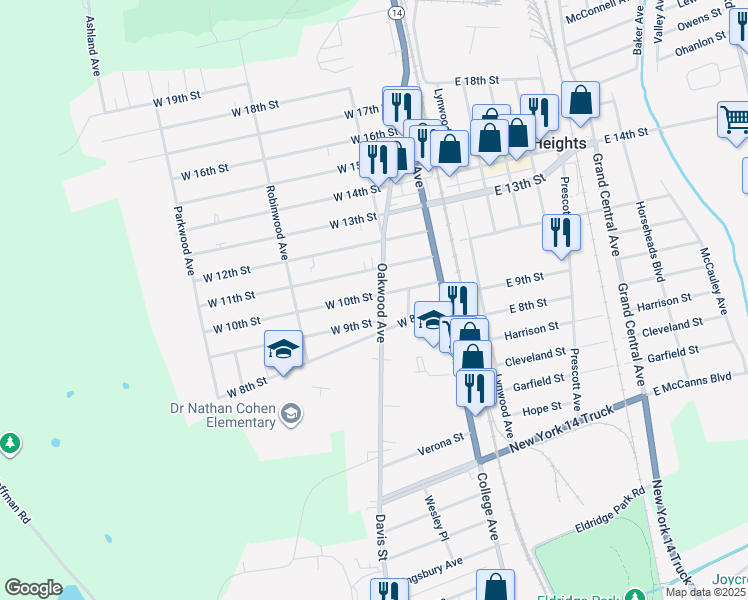 map of restaurants, bars, coffee shops, grocery stores, and more near 156 Oakwood Avenue in Elmira Heights
