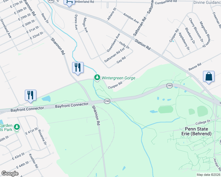 map of restaurants, bars, coffee shops, grocery stores, and more near 3001 Cooper Road in Erie