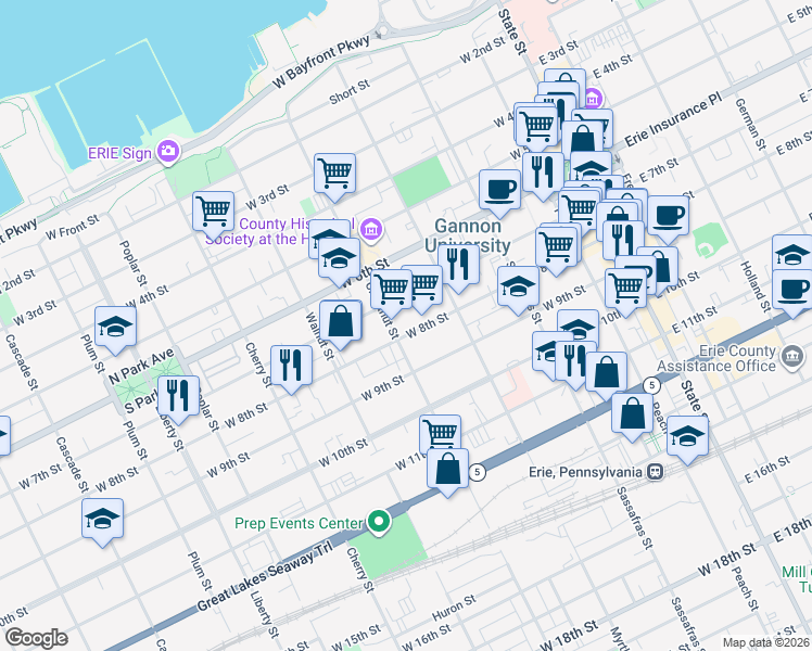 map of restaurants, bars, coffee shops, grocery stores, and more near 402 West 8th Street in Erie