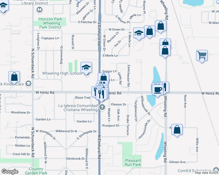 map of restaurants, bars, coffee shops, grocery stores, and more near 995 South Elmhurst Road in Wheeling