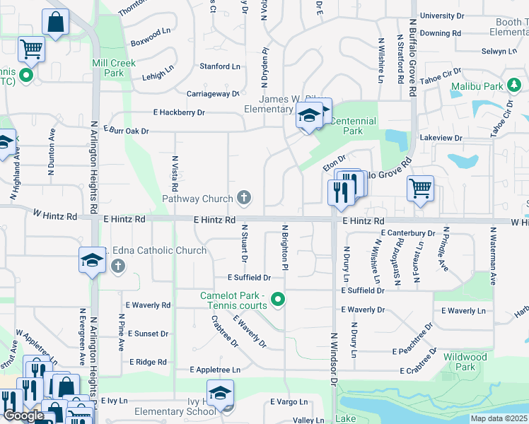 map of restaurants, bars, coffee shops, grocery stores, and more near 2702 North Dryden Place in Arlington Heights
