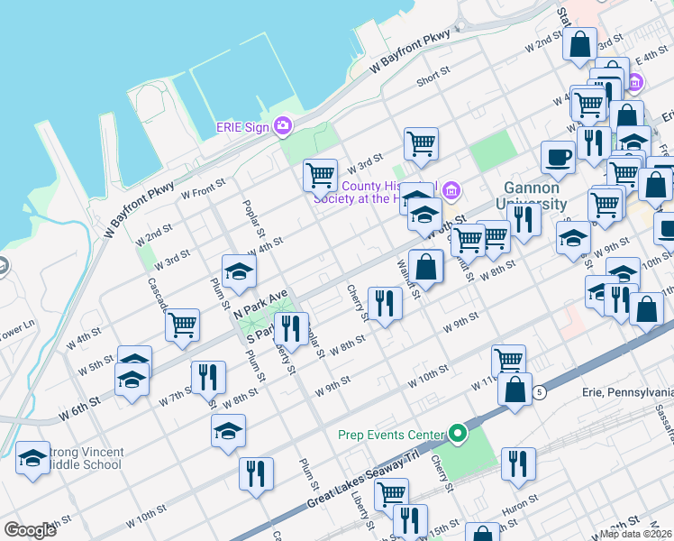 map of restaurants, bars, coffee shops, grocery stores, and more near 522 Cherry Street in Erie
