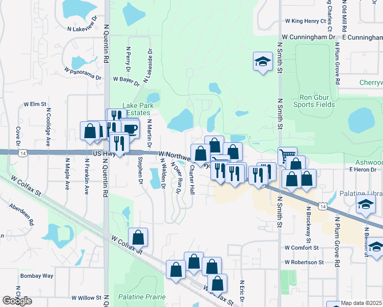 map of restaurants, bars, coffee shops, grocery stores, and more near 818 North Auburn Woods Drive in Palatine