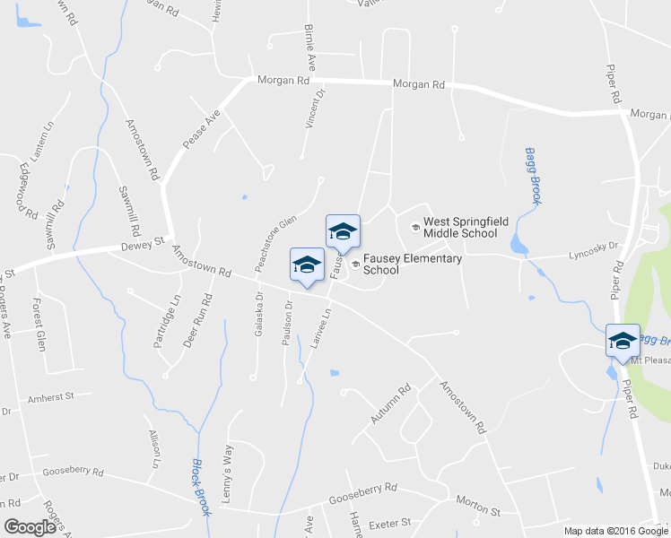 map of restaurants, bars, coffee shops, grocery stores, and more near Fausey Dr in West Springfield
