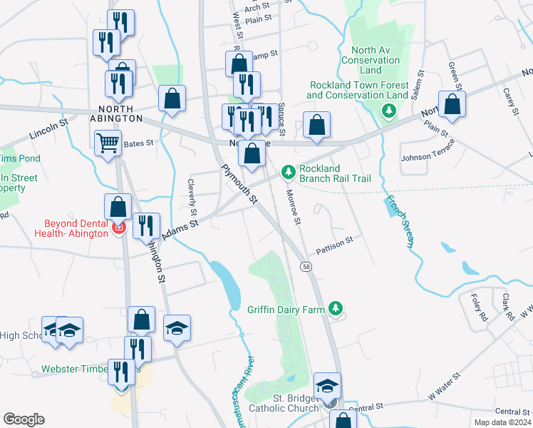 map of restaurants, bars, coffee shops, grocery stores, and more near 112 Plymouth Street in Abington