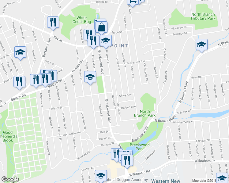 map of restaurants, bars, coffee shops, grocery stores, and more near 211 Rosewell Street in Springfield