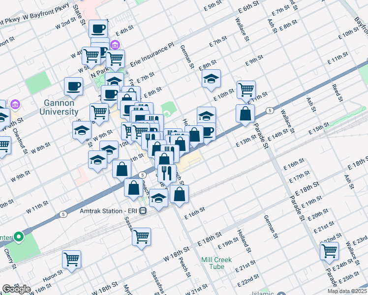 map of restaurants, bars, coffee shops, grocery stores, and more near 126 East 12th Street in Erie