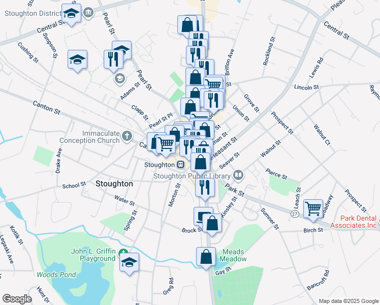 map of restaurants, bars, coffee shops, grocery stores, and more near 31 Porter Street in Stoughton