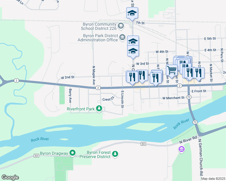 map of restaurants, bars, coffee shops, grocery stores, and more near 903 Crest View Trail in Byron