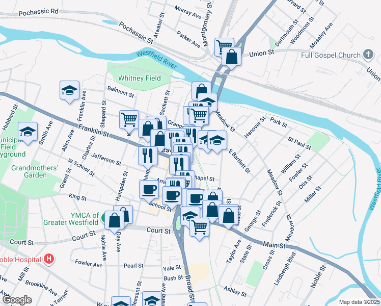 map of restaurants, bars, coffee shops, grocery stores, and more near Massachusetts Route 10 in Westfield