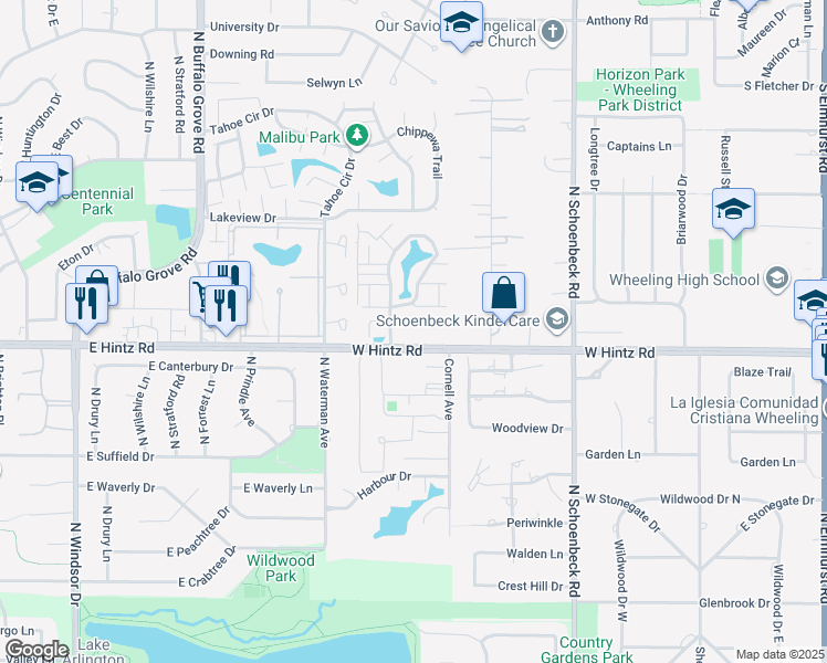 map of restaurants, bars, coffee shops, grocery stores, and more near 2418 East Hintz Road in Arlington Heights