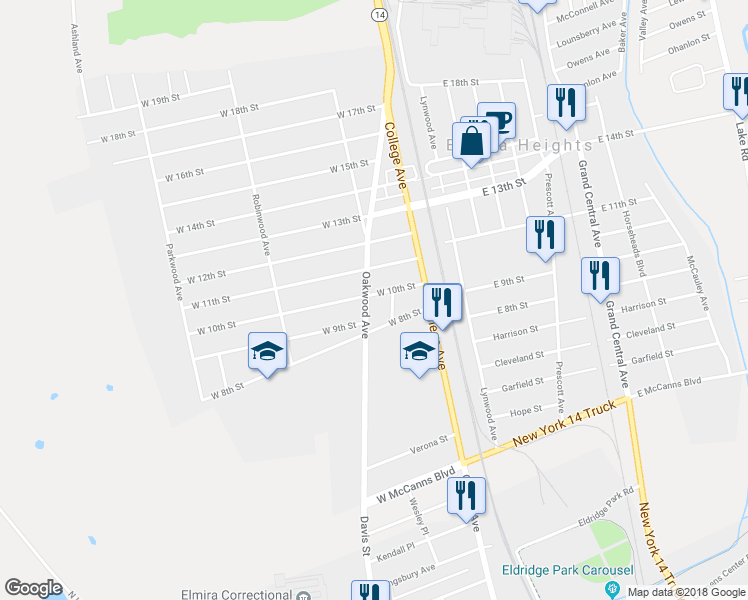 map of restaurants, bars, coffee shops, grocery stores, and more near 162 Oakwood Avenue in Elmira