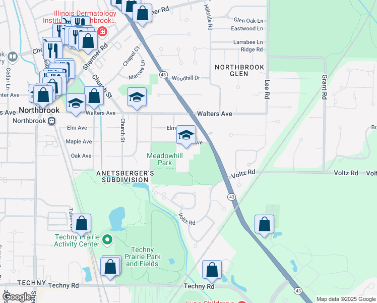 map of restaurants, bars, coffee shops, grocery stores, and more near 1475 Maple Avenue in Northbrook