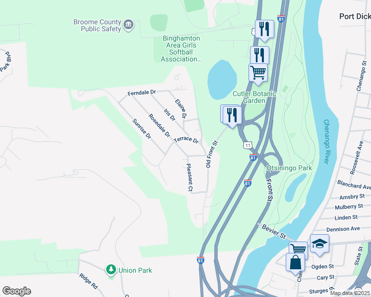 map of restaurants, bars, coffee shops, grocery stores, and more near 27 Rosedale Drive in Binghamton