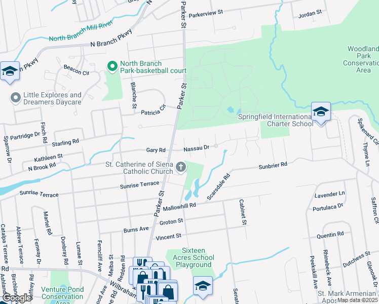 map of restaurants, bars, coffee shops, grocery stores, and more near 161 Nassau Drive in Springfield
