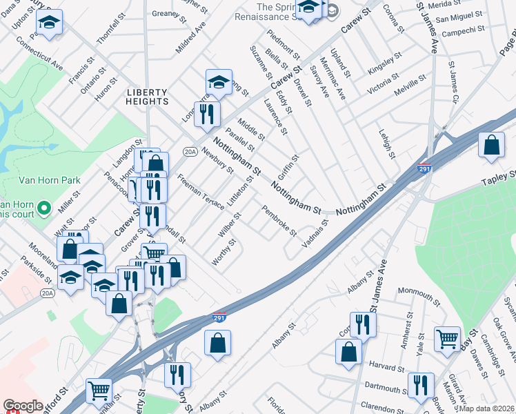 map of restaurants, bars, coffee shops, grocery stores, and more near 23 Oakhurst Street in Springfield