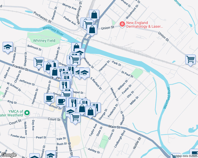 map of restaurants, bars, coffee shops, grocery stores, and more near 19 East Bartlett Street in Westfield
