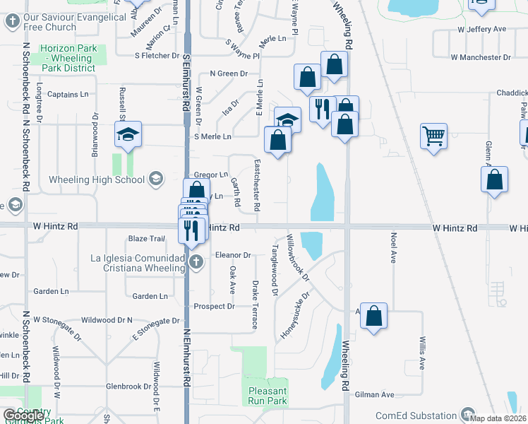 map of restaurants, bars, coffee shops, grocery stores, and more near 532 West Hintz Road in Wheeling