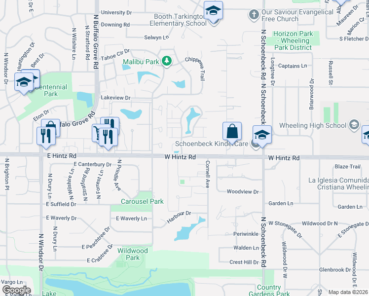map of restaurants, bars, coffee shops, grocery stores, and more near 2264 East Hintz Road in Wheeling