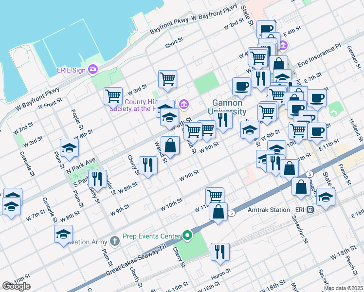 map of restaurants, bars, coffee shops, grocery stores, and more near 417 West 7th Street in Erie