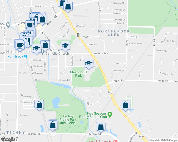 map of restaurants, bars, coffee shops, grocery stores, and more near 1475 Maple Avenue in Northbrook