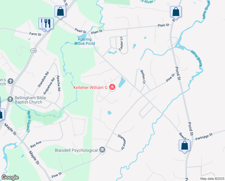 map of restaurants, bars, coffee shops, grocery stores, and more near 25 Hawthorne Village in Franklin
