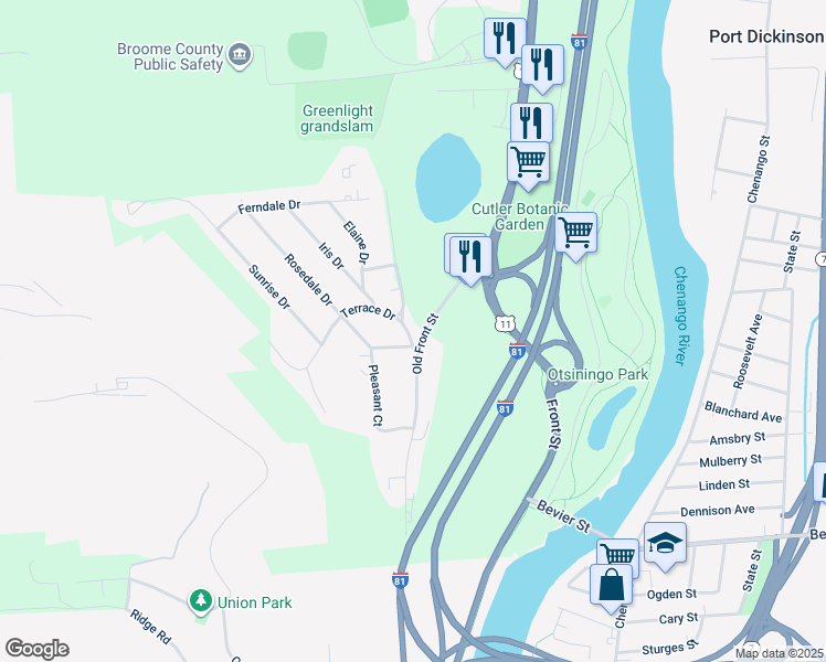 map of restaurants, bars, coffee shops, grocery stores, and more near 12 Terrace Drive in Binghamton