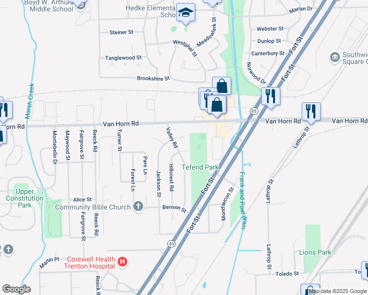 map of restaurants, bars, coffee shops, grocery stores, and more near 3328 Tomson Street in Trenton