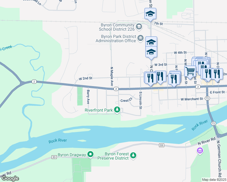 map of restaurants, bars, coffee shops, grocery stores, and more near 1025 Crest View Trail in Byron