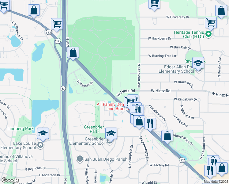 map of restaurants, bars, coffee shops, grocery stores, and more near 1204 West Rand Road in Arlington Heights
