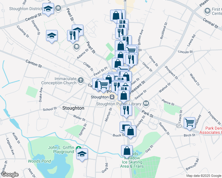 map of restaurants, bars, coffee shops, grocery stores, and more near 2 Canton Street in Stoughton