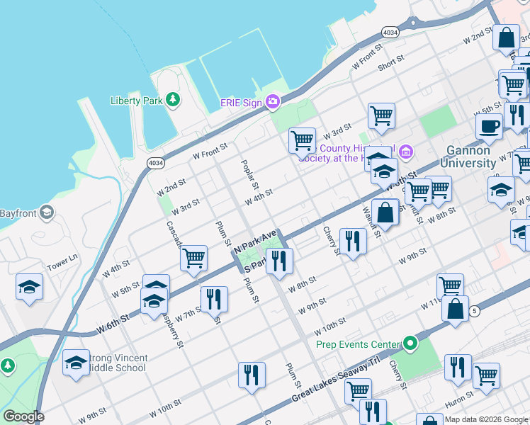 map of restaurants, bars, coffee shops, grocery stores, and more near 504 Poplar Street in Erie