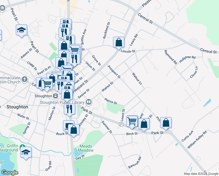map of restaurants, bars, coffee shops, grocery stores, and more near 203 Walnut Street in Stoughton
