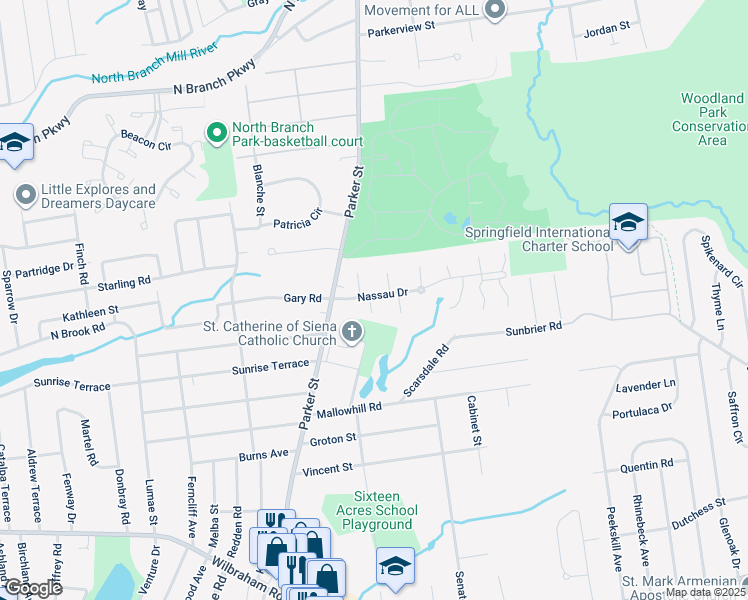 map of restaurants, bars, coffee shops, grocery stores, and more near 161 Nassau Drive in Springfield