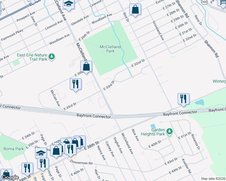 map of restaurants, bars, coffee shops, grocery stores, and more near 3315 Rice Ave in Erie
