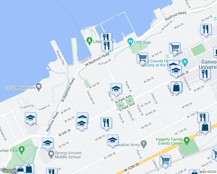 map of restaurants, bars, coffee shops, grocery stores, and more near 826 West 4th Street in Erie